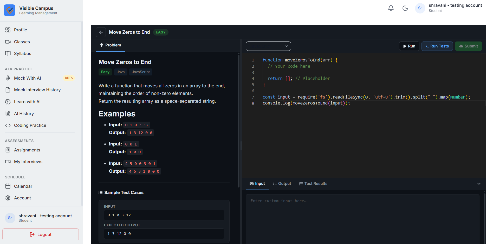 Built-in Monaco code editor for student coding practice and assessment
