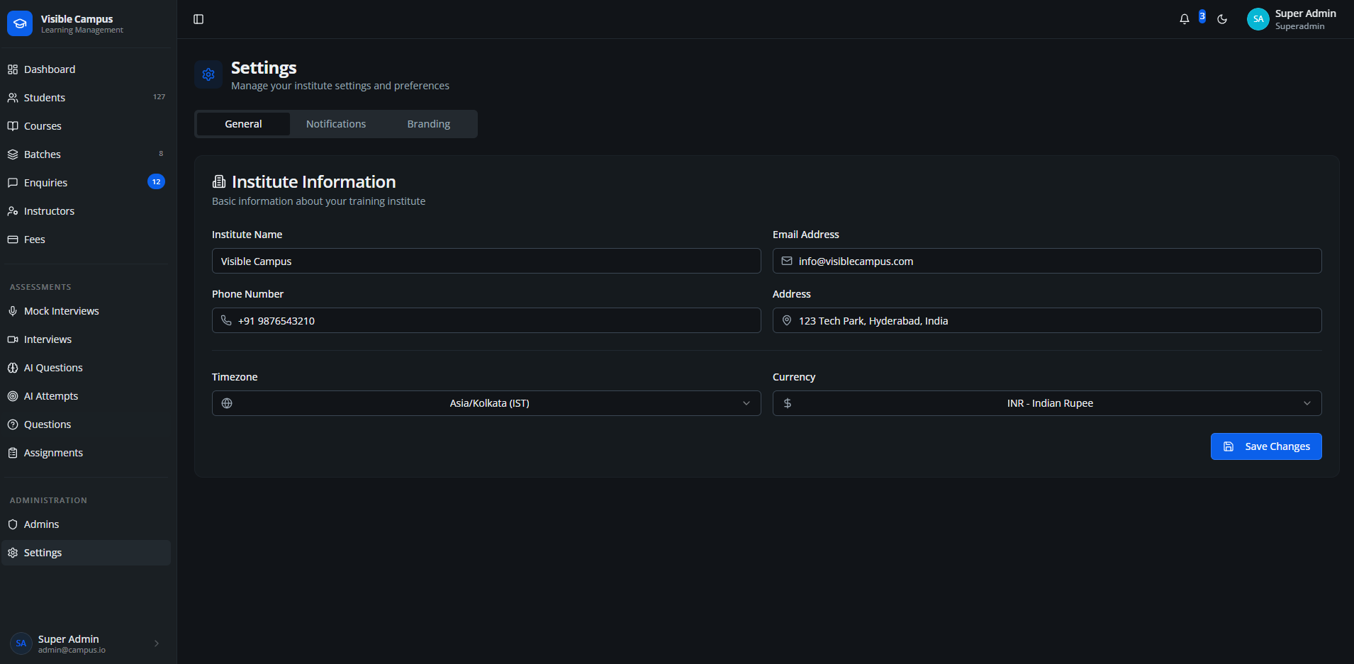 Institute Settings Dashboard - Configure branding, policies and preferences