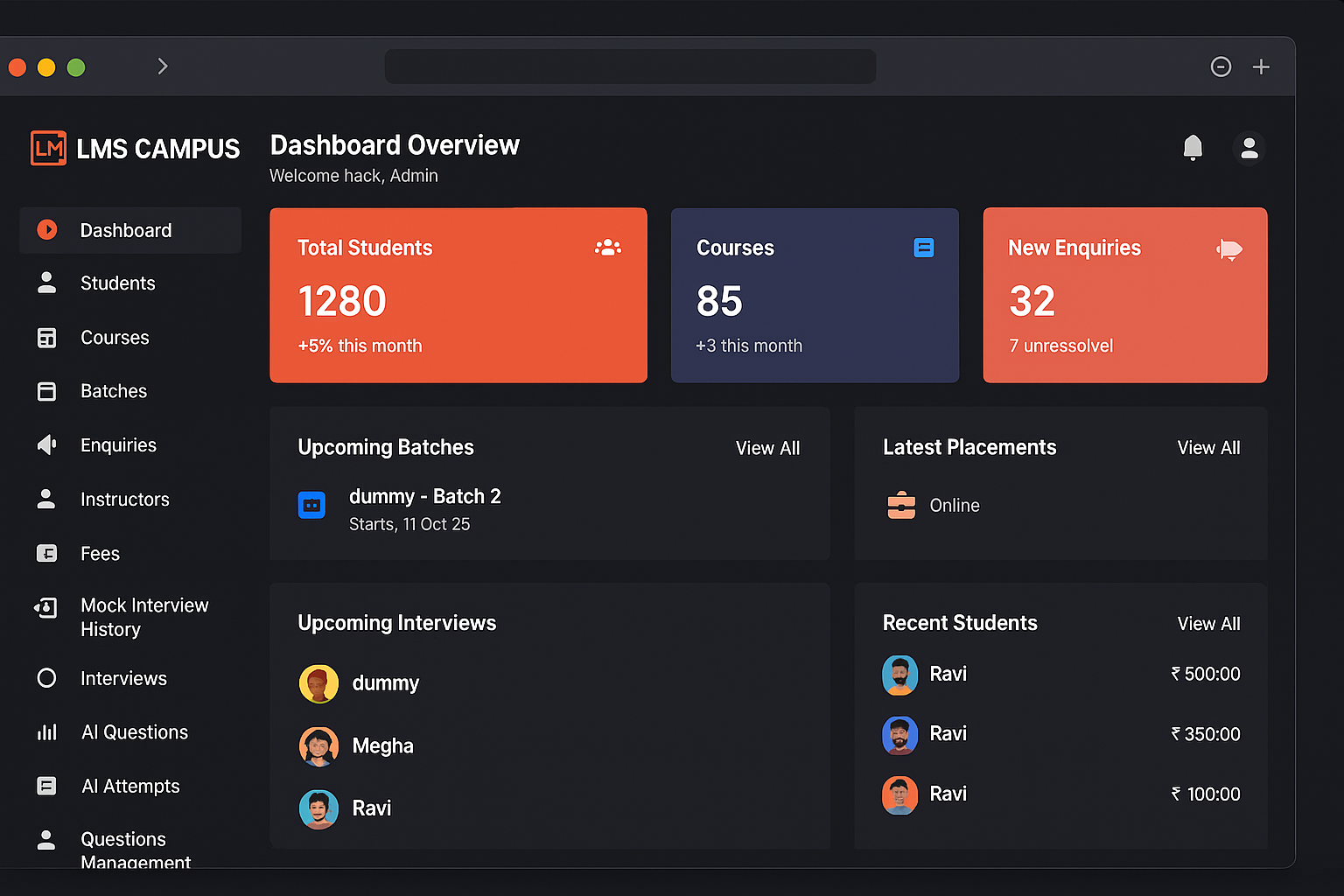 LMS Campus - Best LMS software for training institutes showing student management system, online course management, and AI powered learning tools